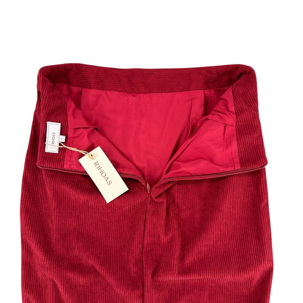 Rihoas Maroon Corduroy Midi Skirt Slit High Waist Small NWT Minimalist Casual - Picture 5 of 10